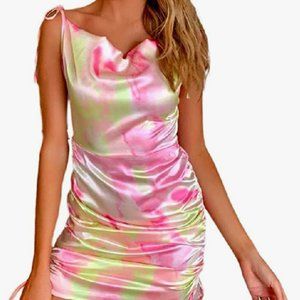 Women Satin Backless Tie Dye Dress